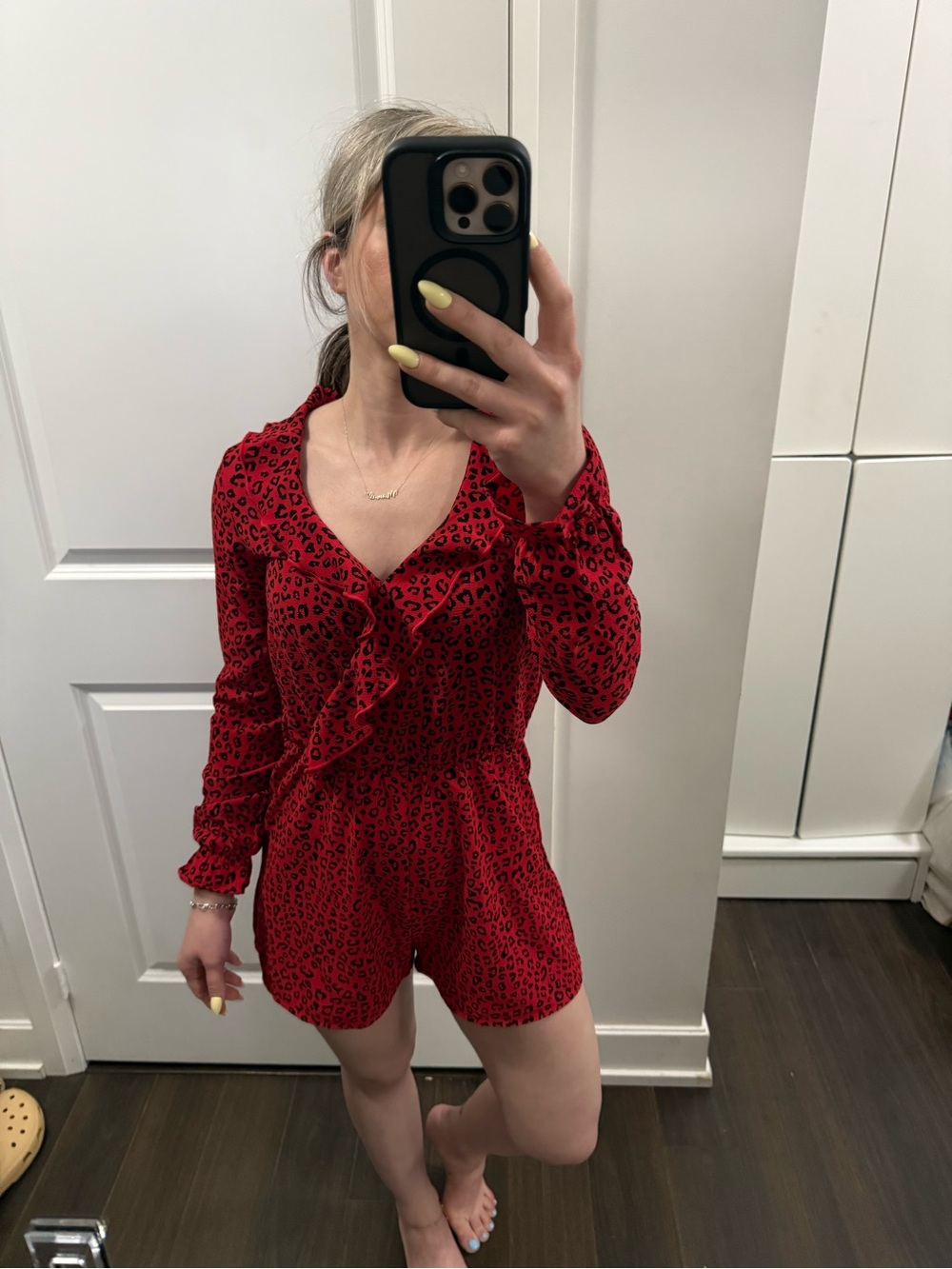 H&M Red Leopard Print Long Sleeve Romper